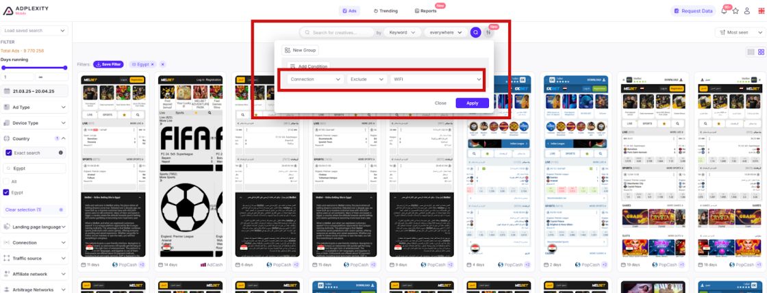 how to exclude all ads that contain Wi-Fi traffic